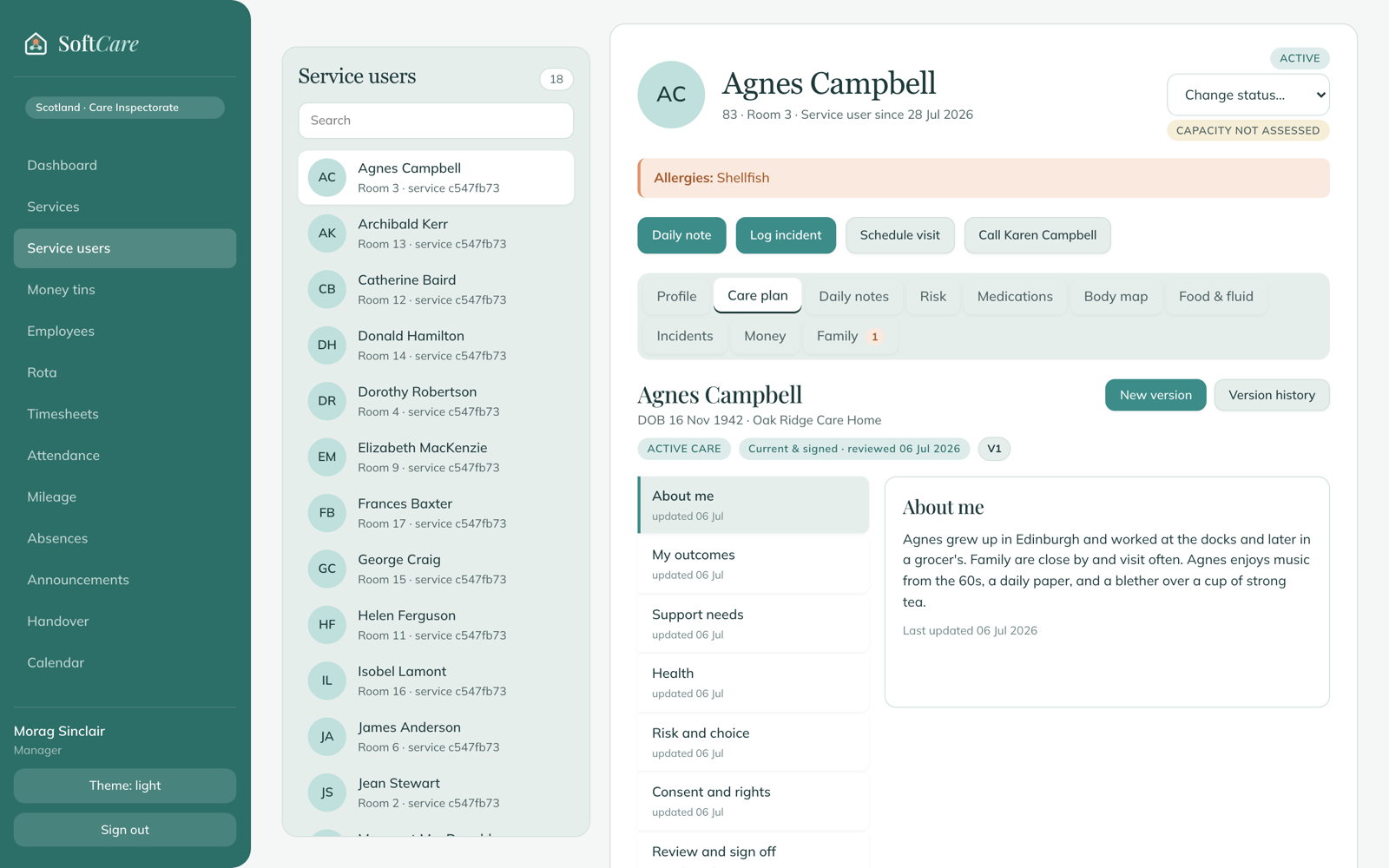 SoftCare care plan — person-centred 'About me' section, approved and signed